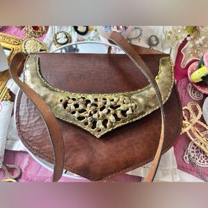 Vintage Artisan Marbella Brown Leather & Metal Shoulder Bag with Bronze & Copper